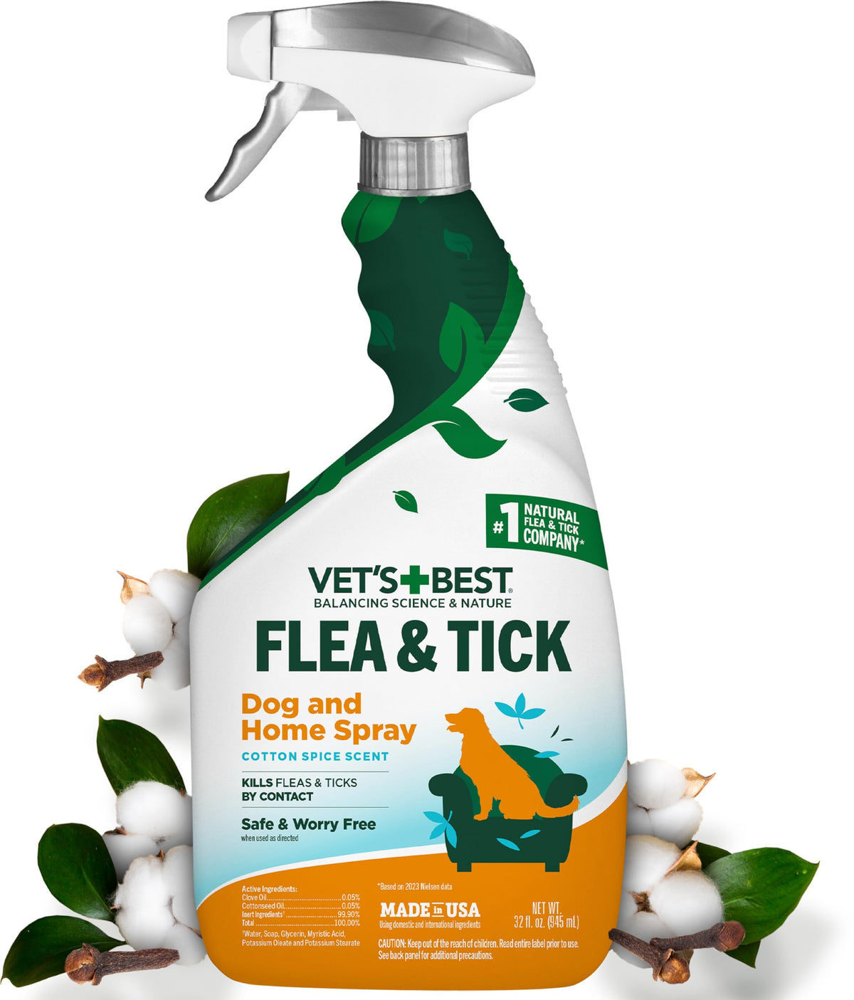 Vet's Best indoor spray bottle for dogs provides plant-based pest protection.