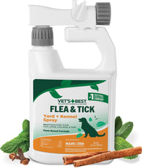 Vet's Best yard and kennel spray on lawn, protecting outdoor spaces from fleas and ticks.