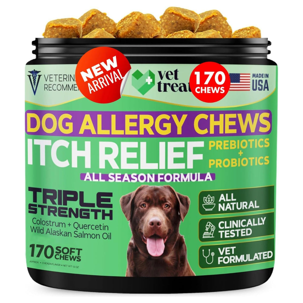 Vet Treat allergy relief chews bottle for dog itch relief and skin support.
