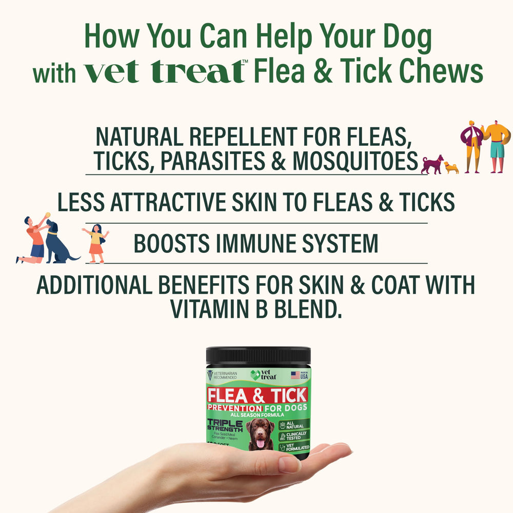 Vet Treat flea-tick chews bottle label closeup; all natural ingredients highlighted.