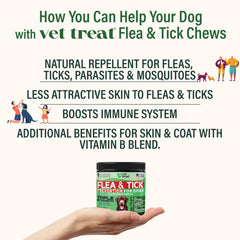 Vet Treat flea-tick chews bottle label closeup; all natural ingredients highlighted.