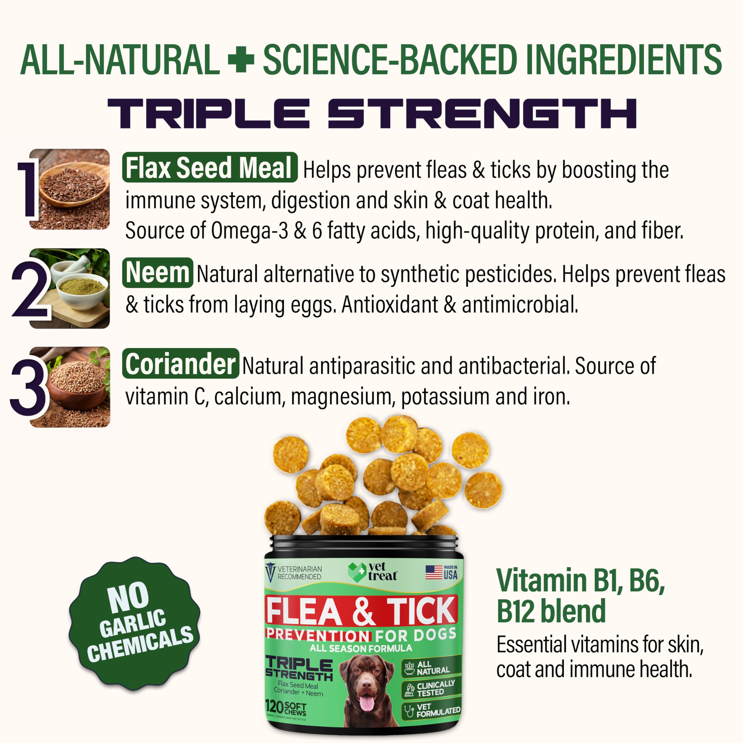 Vet Treat flea-tick chews dog chewing; tasty chicken flavor for daily protection.