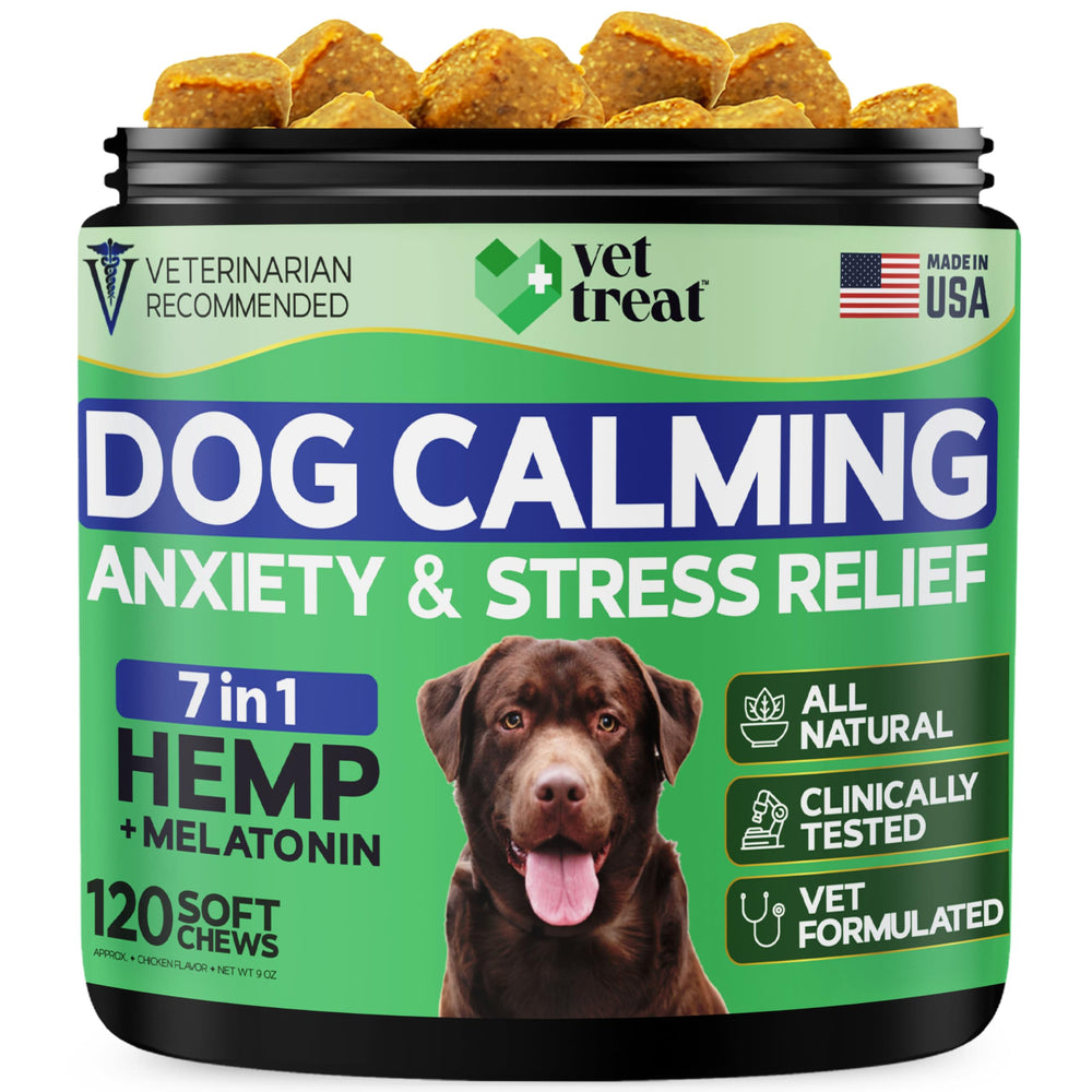 Vet Treat hemp calming chews bottle for dogs promoting calm during stressful events.