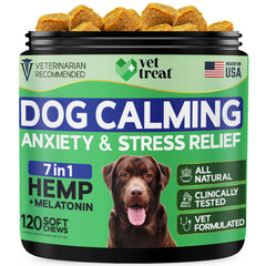 Vet Treat hemp calming chews bottle for dogs promoting calm during stressful events.