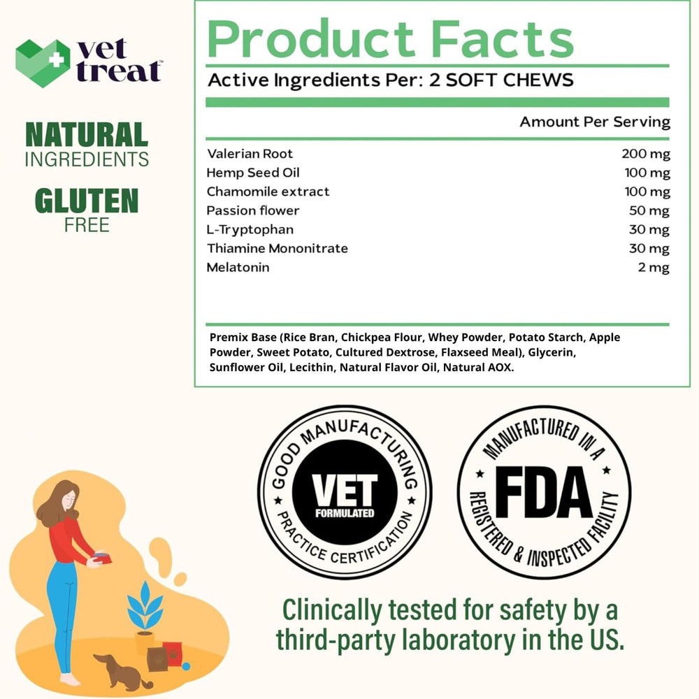Vet Treat hemp calming chews melatonin label indicates night-time support.