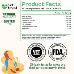 Vet Treat hemp calming chews melatonin label indicates night-time support.