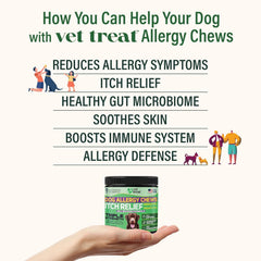 Vet Treat itch relief chews closeup highlighting natural ingredients.