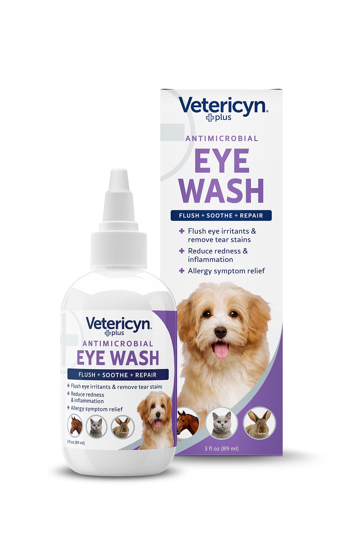 Vetericyn Plus Eye Wash bottle pour for gentle pet eye care