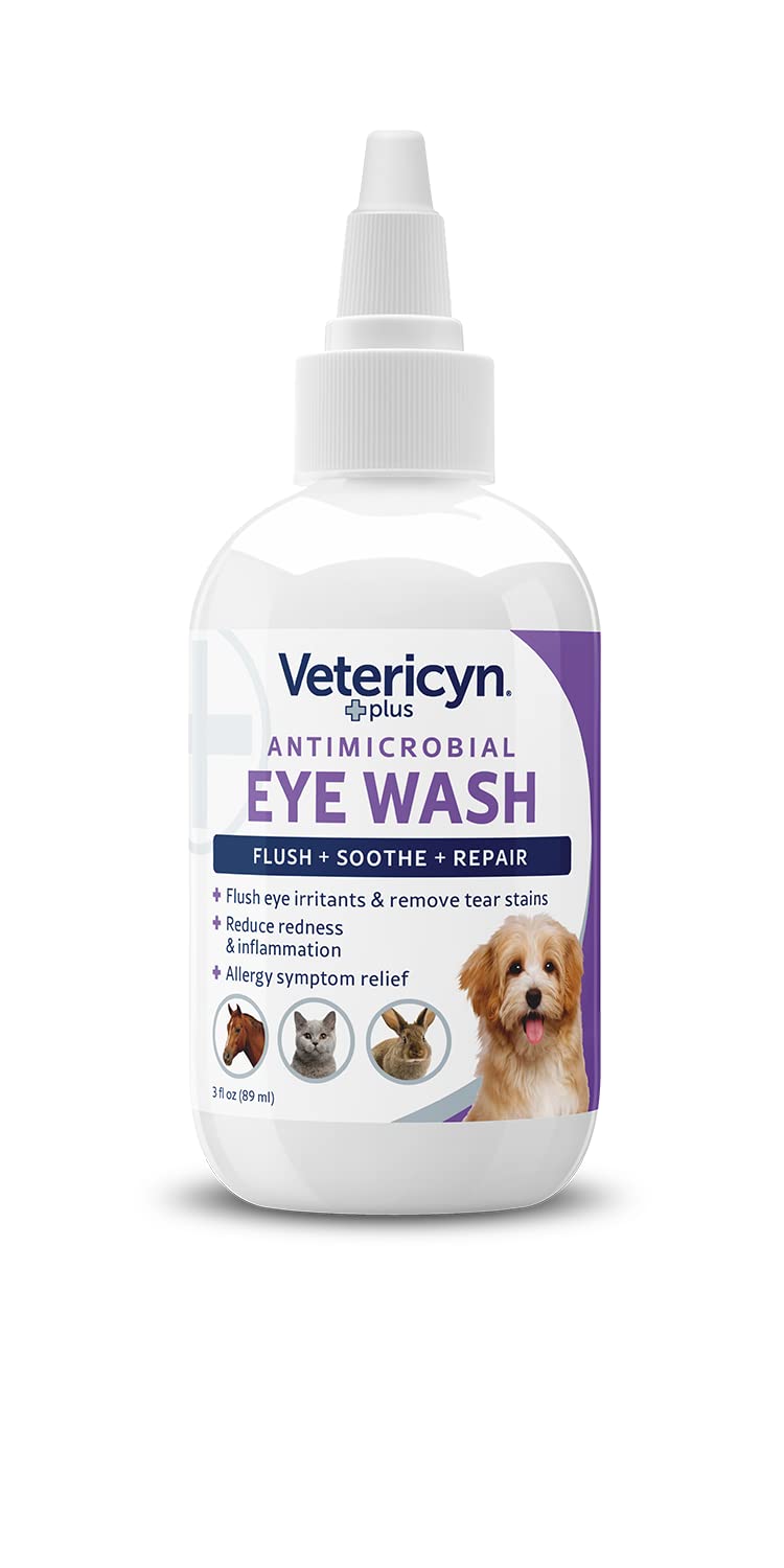 Dog eye being flushed with Vetericyn Plus Eye Wash for irritation relief