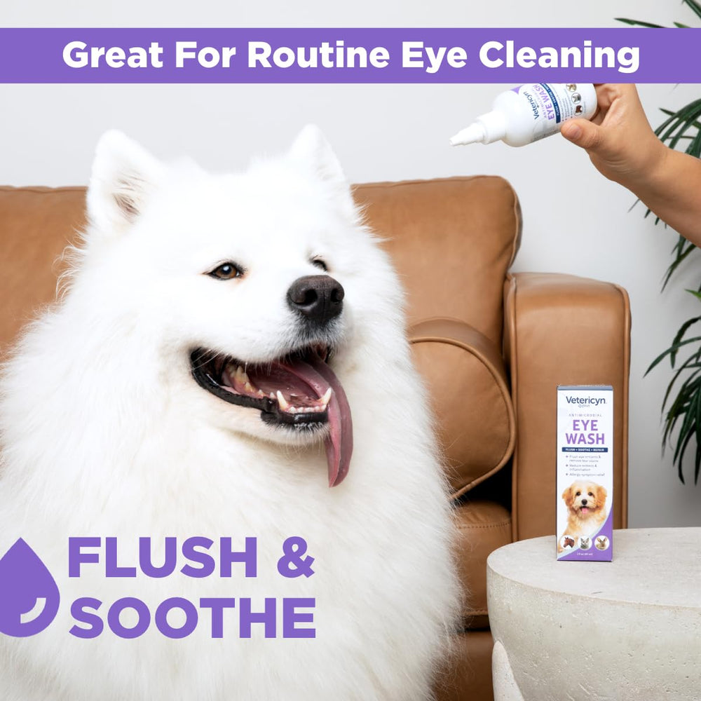 Tear stain cleaning with Vetericyn Plus Eye Wash on a pet fur
