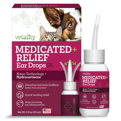 Vetality Otic Drops bottle front showing medicated formula for dog ear infection support
