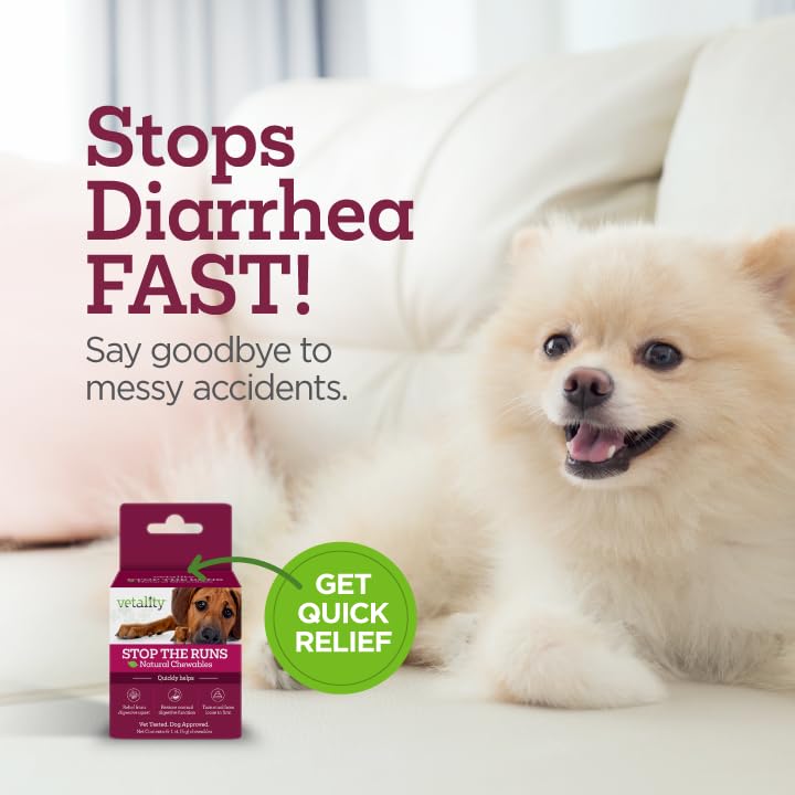 Vetality Stop The Runs bottle back label with ingredients and dosing guidance.