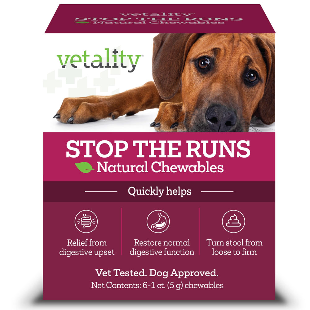 Vetality Stop The Runs chicken chewables bottle front for easy administration.