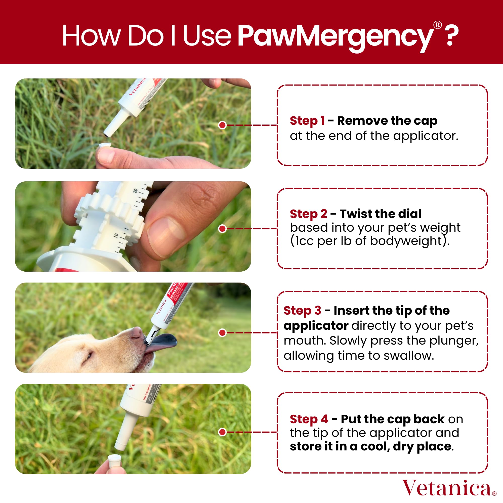 Weight-based dosage guide illustrated for PawMergency use.
