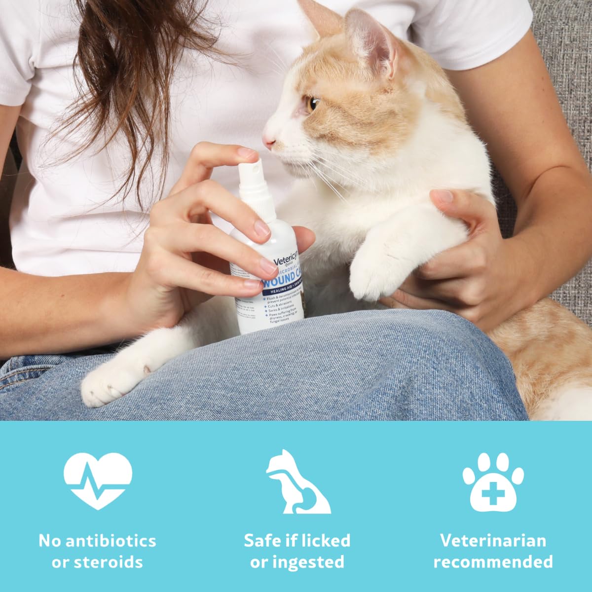 Aftercare with Vetericyn Plus Cat Wound Care in a calm, supportive session.