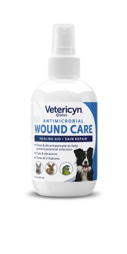 Close-up of Vetericyn Plus bottle used to cleanse a dog wound.