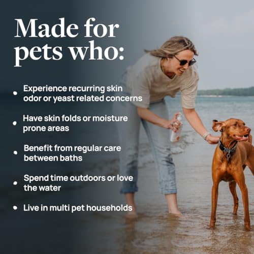 Bath-time routine with Veterinary Formula Clinical Care shampoo and spray.