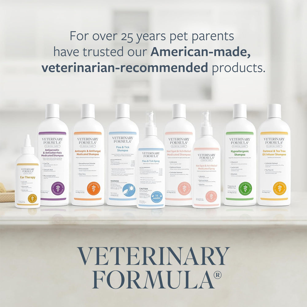 Hot spot area being treated with Veterinary Formula Clinical Care shampoo.