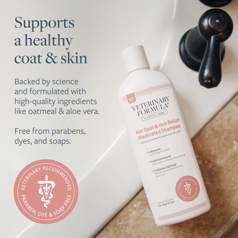 Lather action showing Veterinary Formula Clinical Care soothing itching.