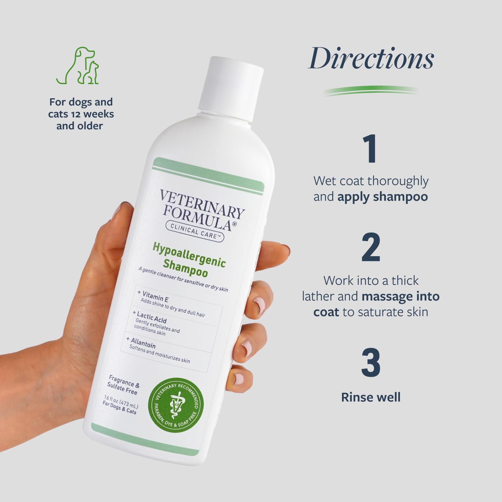 Allantoin on Veterinary Formula Clinical Care bottle to soothe irritated skin.