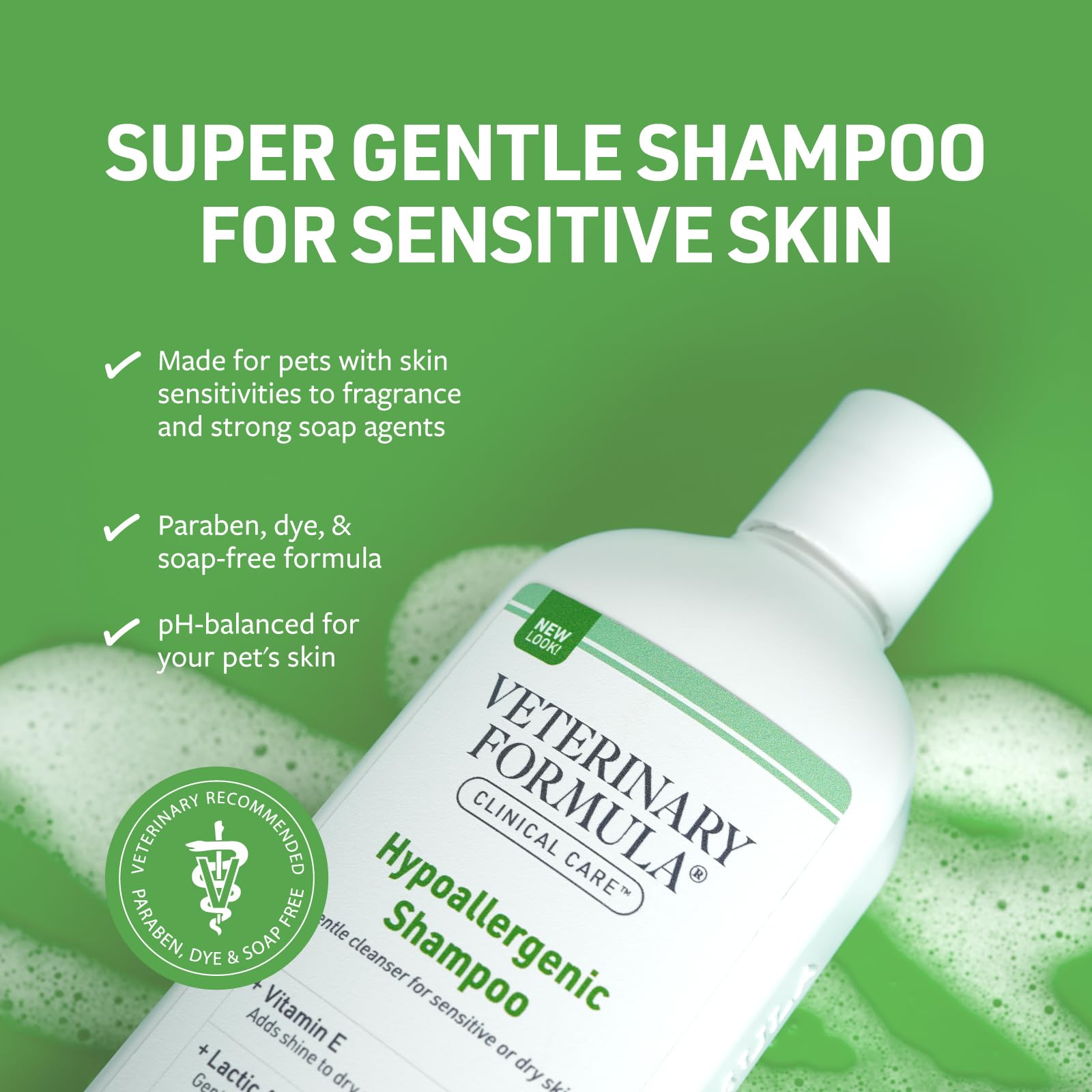 Close-up of Veterinary Formula Clinical Care hypoallergenic shampoo bottle for tear-free baths.