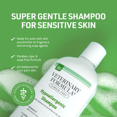 Close-up of Veterinary Formula Clinical Care hypoallergenic shampoo bottle for tear-free baths.