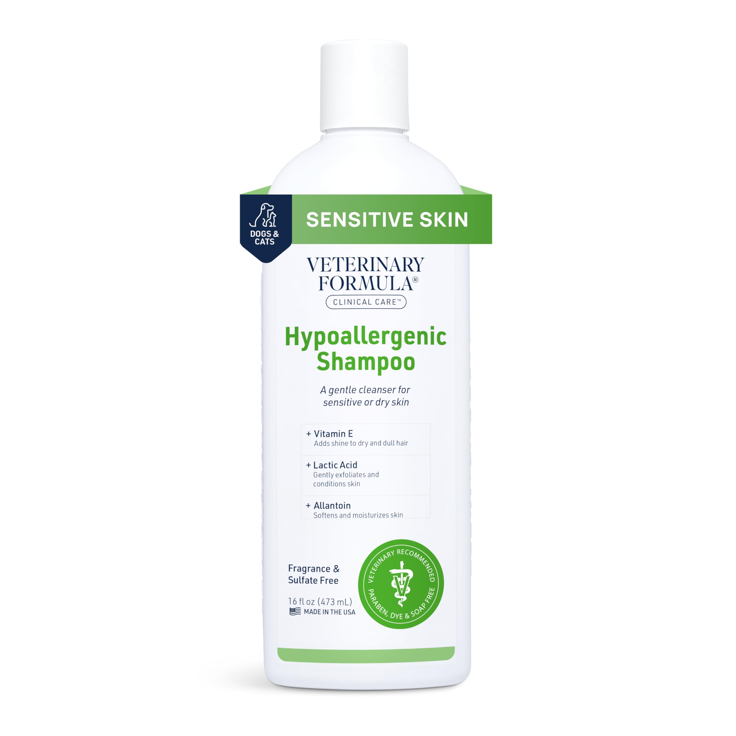 Veterinary Formula Clinical Care hypoallergenic shampoo bottle for gentle cleansing of sensitive skin.