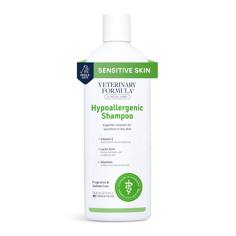 Veterinary Formula Clinical Care hypoallergenic shampoo bottle for gentle cleansing of sensitive skin.