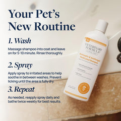 Veterinary Formula Clinical Care spray applied to pet's skin between washes.