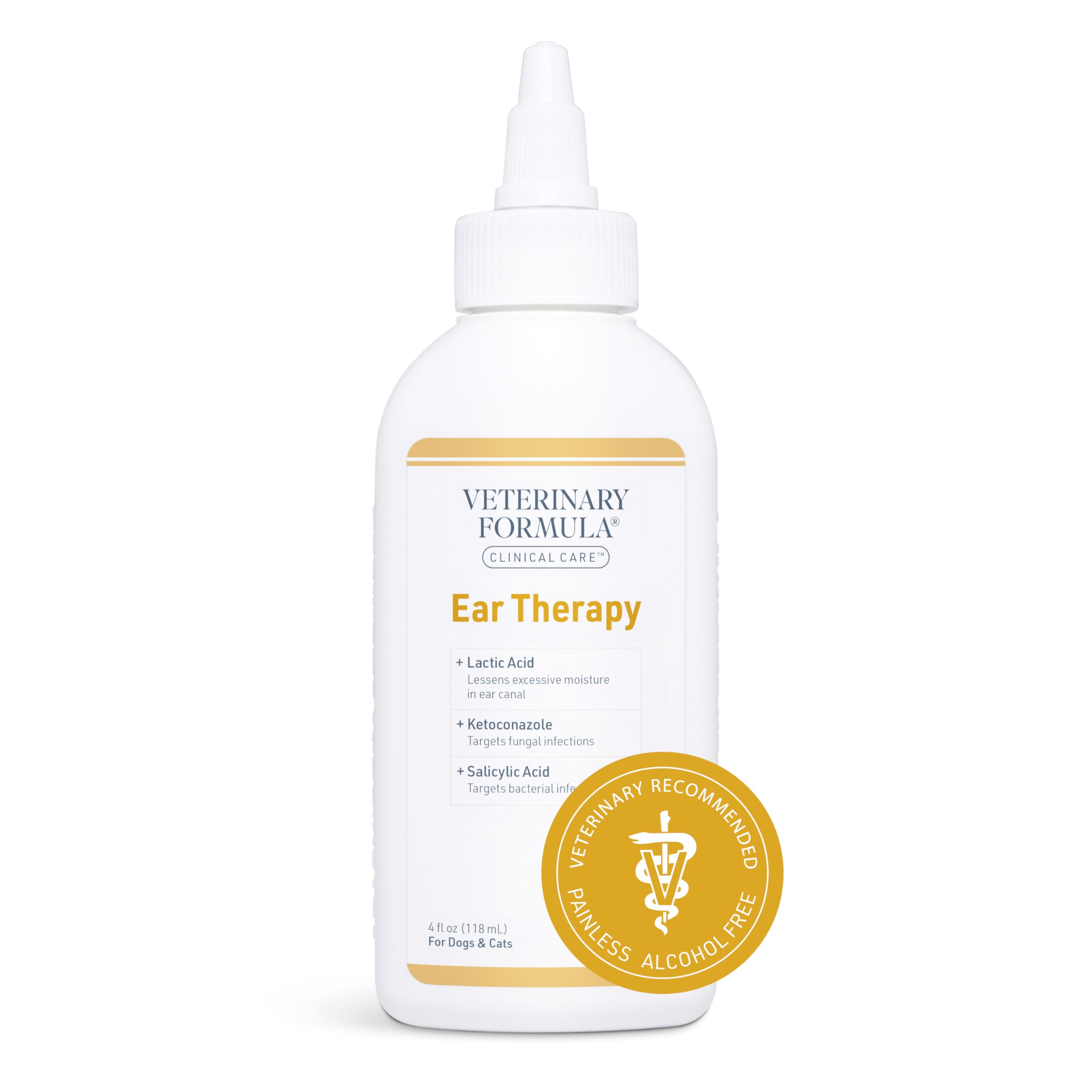 Veterinary Formula Ear Therapy bottle closeup for gentle ear cleaning and odor reduction.