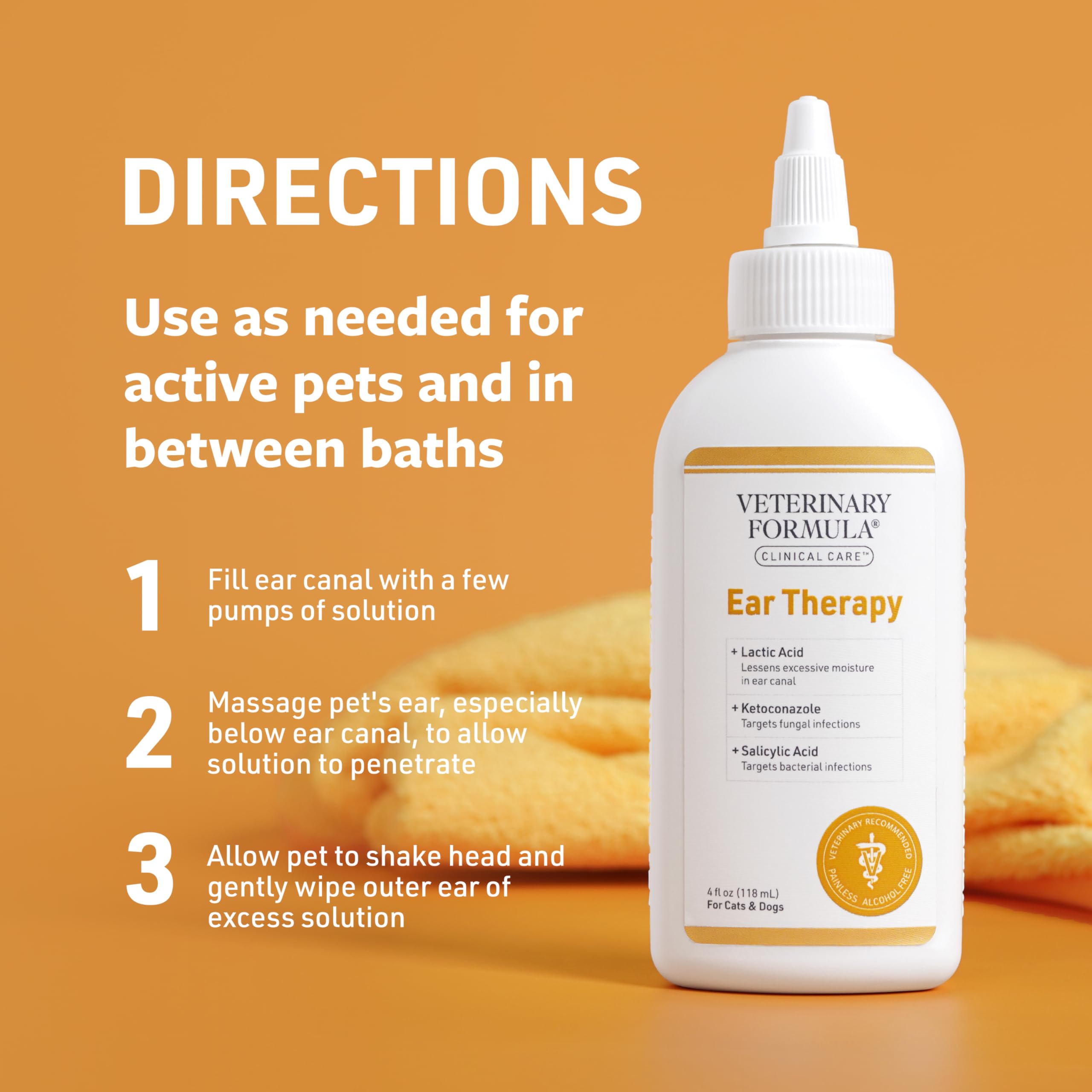 Veterinary Formula Ear Therapy label shows alcohol-free, mildly scented formula.