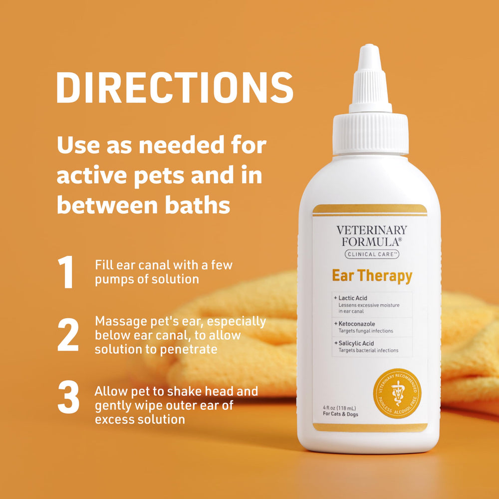 Veterinary Formula Ear Therapy label shows alcohol-free, mildly scented formula.