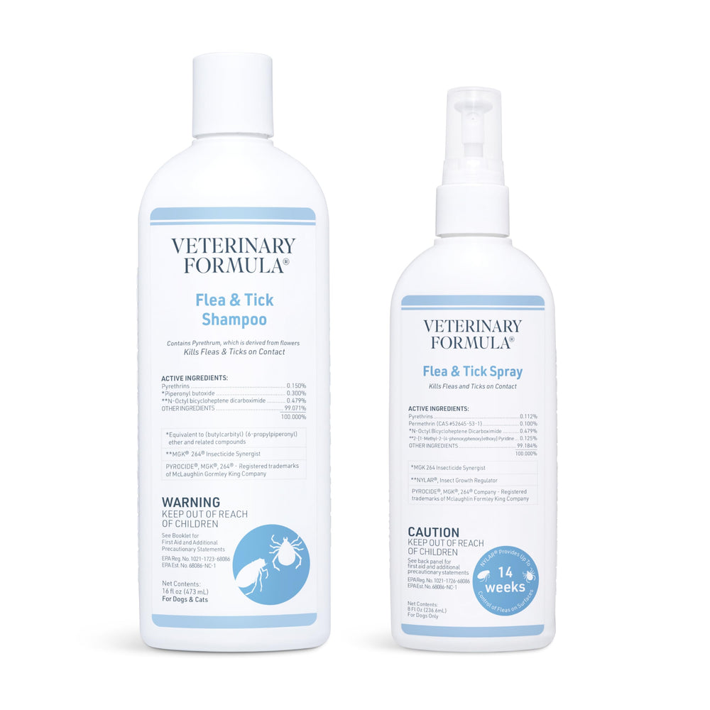 Veterinary Formula flea and tick shampoo bottle highlighting cleansing and soothing action for dogs.