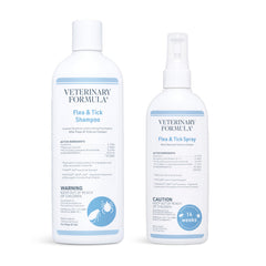 Veterinary Formula flea and tick shampoo bottle highlighting cleansing and soothing action for dogs.