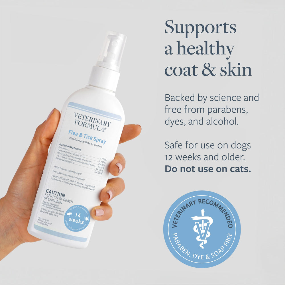 Bedding and crates treated with Veterinary Formula spray for extended protection