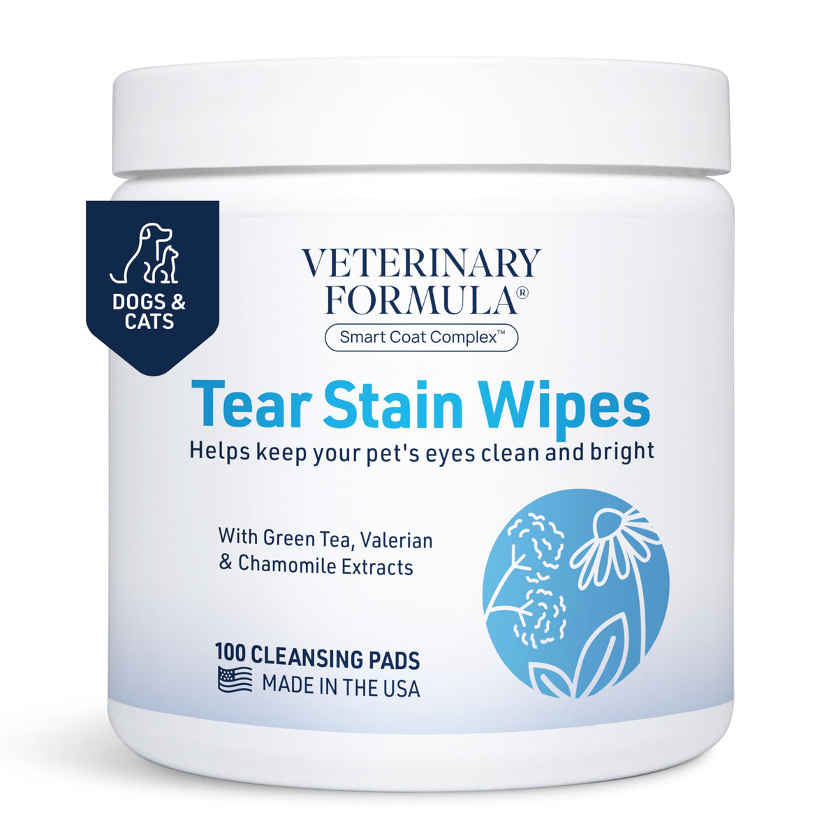 Veterinary Formula Smart Coat Eye + Face Wipes pack close-up for gentle eye-area care.