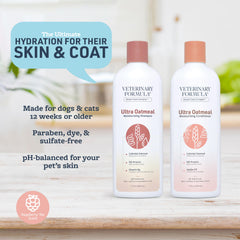 Veterinary Formula Ultra Oatmeal Shampoo bottle close-up, gentle cleansing for sensitive skin.
