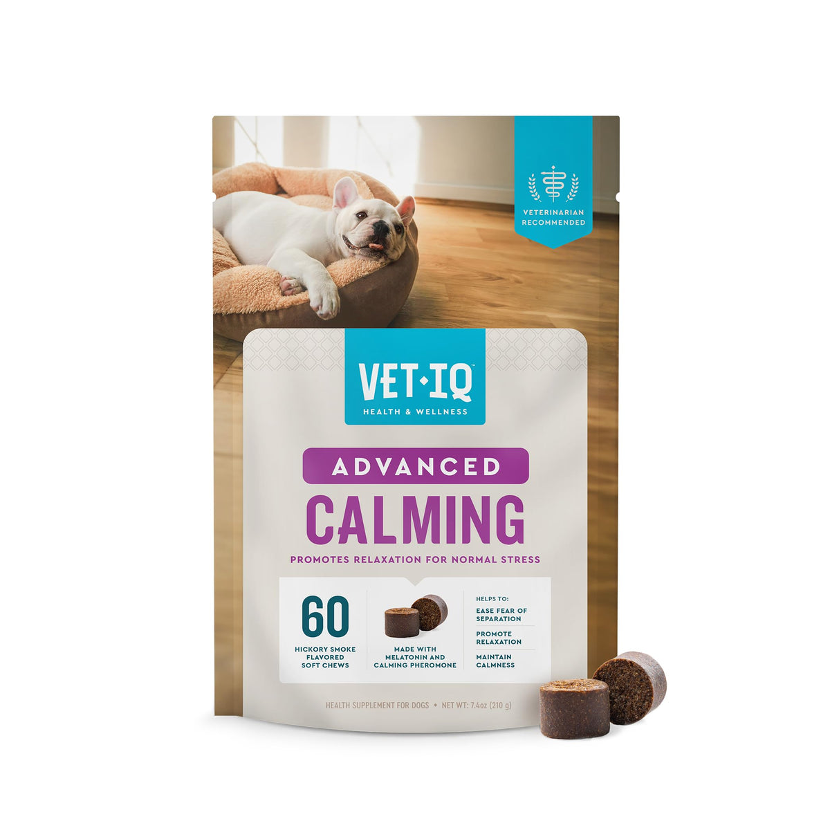 VetIQ Advanced Calming Chews bottle front view helps dogs stay relaxed