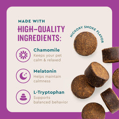 VETIQ Calming Chews label close-up highlighting recommended calming aid for dogs
