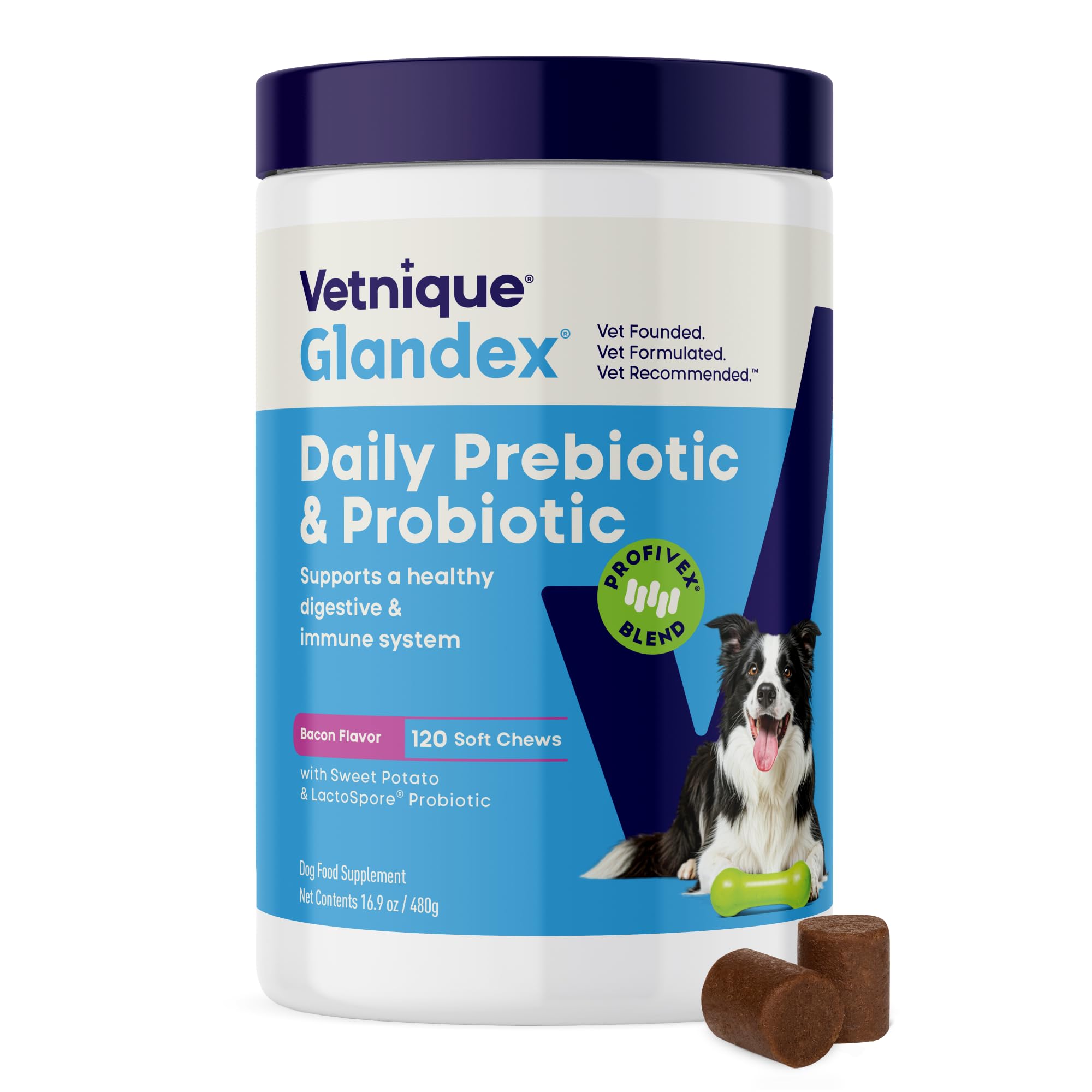 Vetnique Glandex bacon-flavored probiotic chews for dogs supporting gut health.
