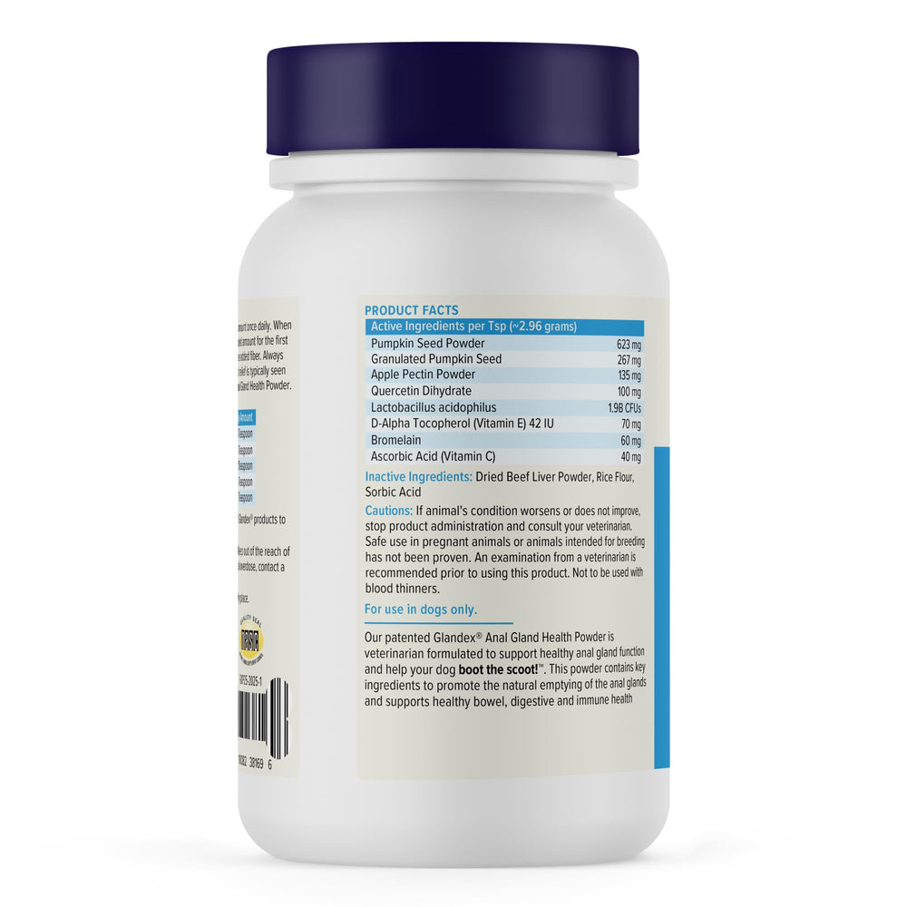 Glandex on a dog’s dish demonstrating easy topping use.
