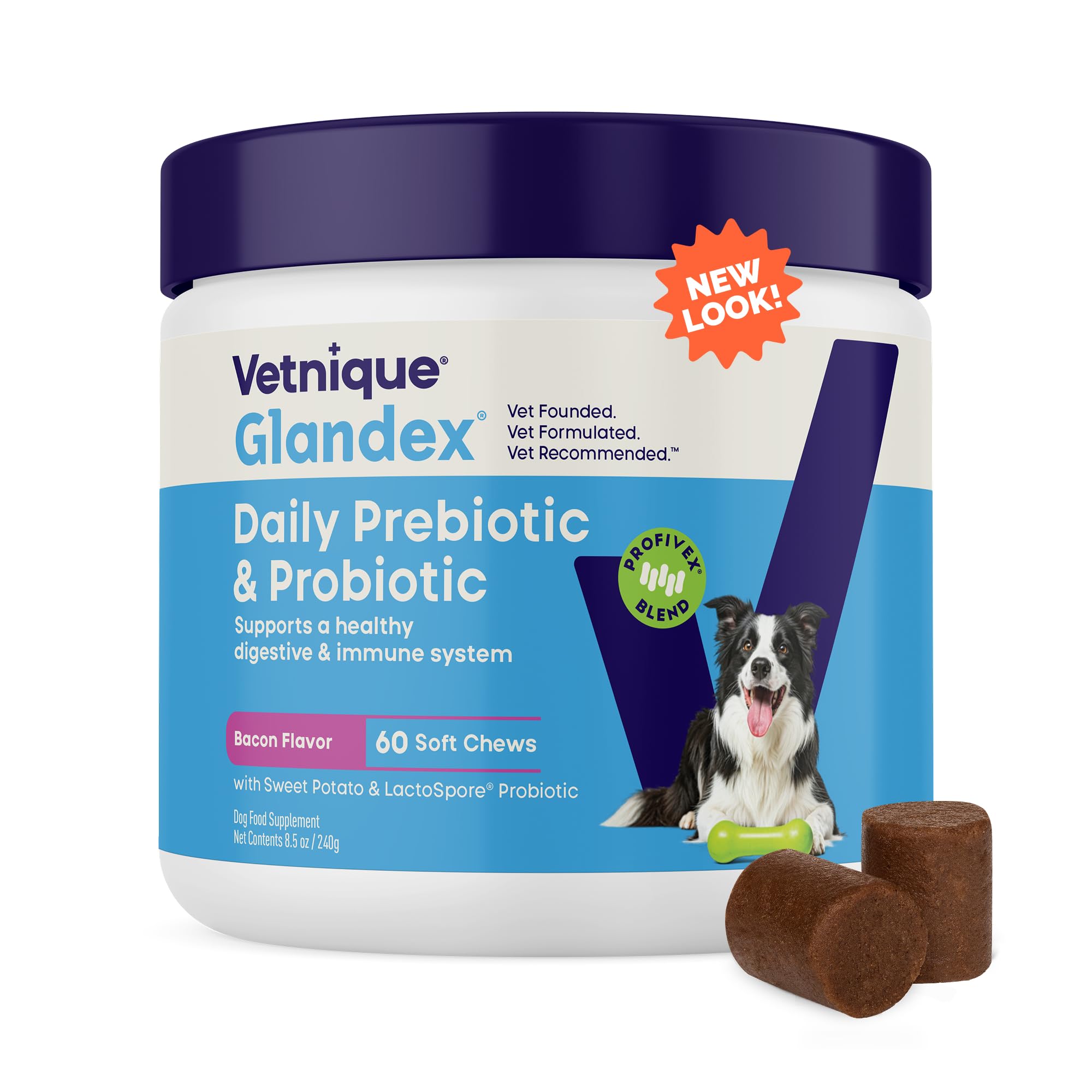 Vetnique Glandex bacon chews shown in bottle for daily gut balance.