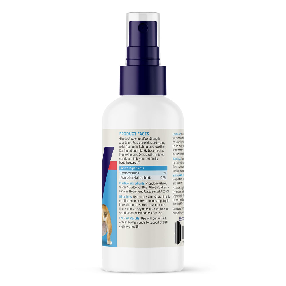 Vetnique Glandex medicated spray packaging, product shot, designed for rapid topical relief