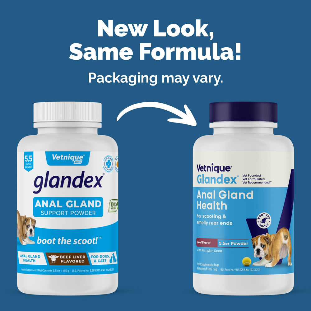 Glandex powder tin close-up highlights beef liver flavor for dogs