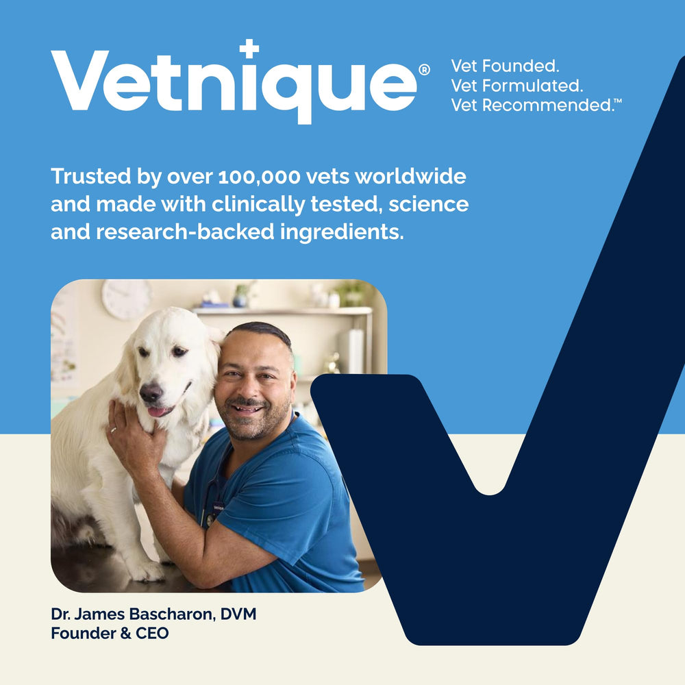 Vetnique Glandex badge on label underscoring veterinary backing.
