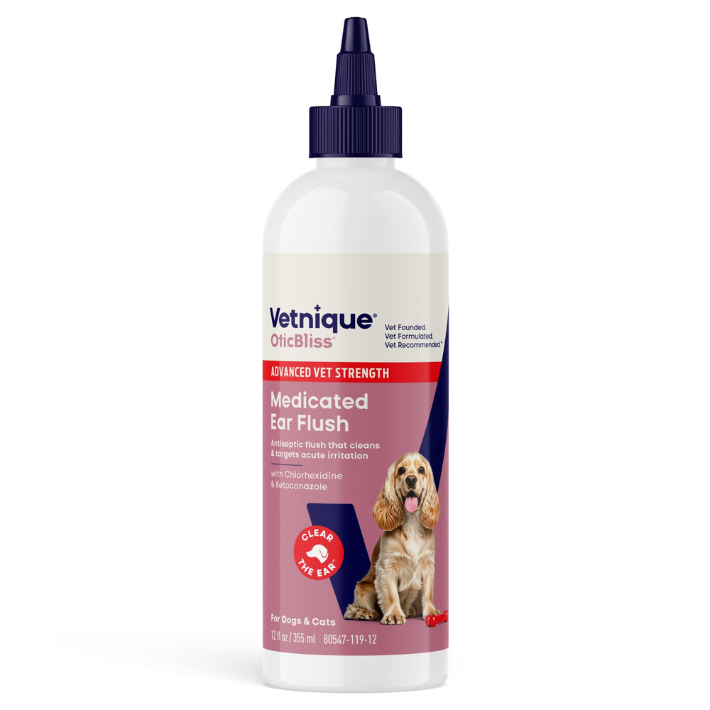 Vetnique Oticbliss bottle-pour shows easy ear rinse for pets.