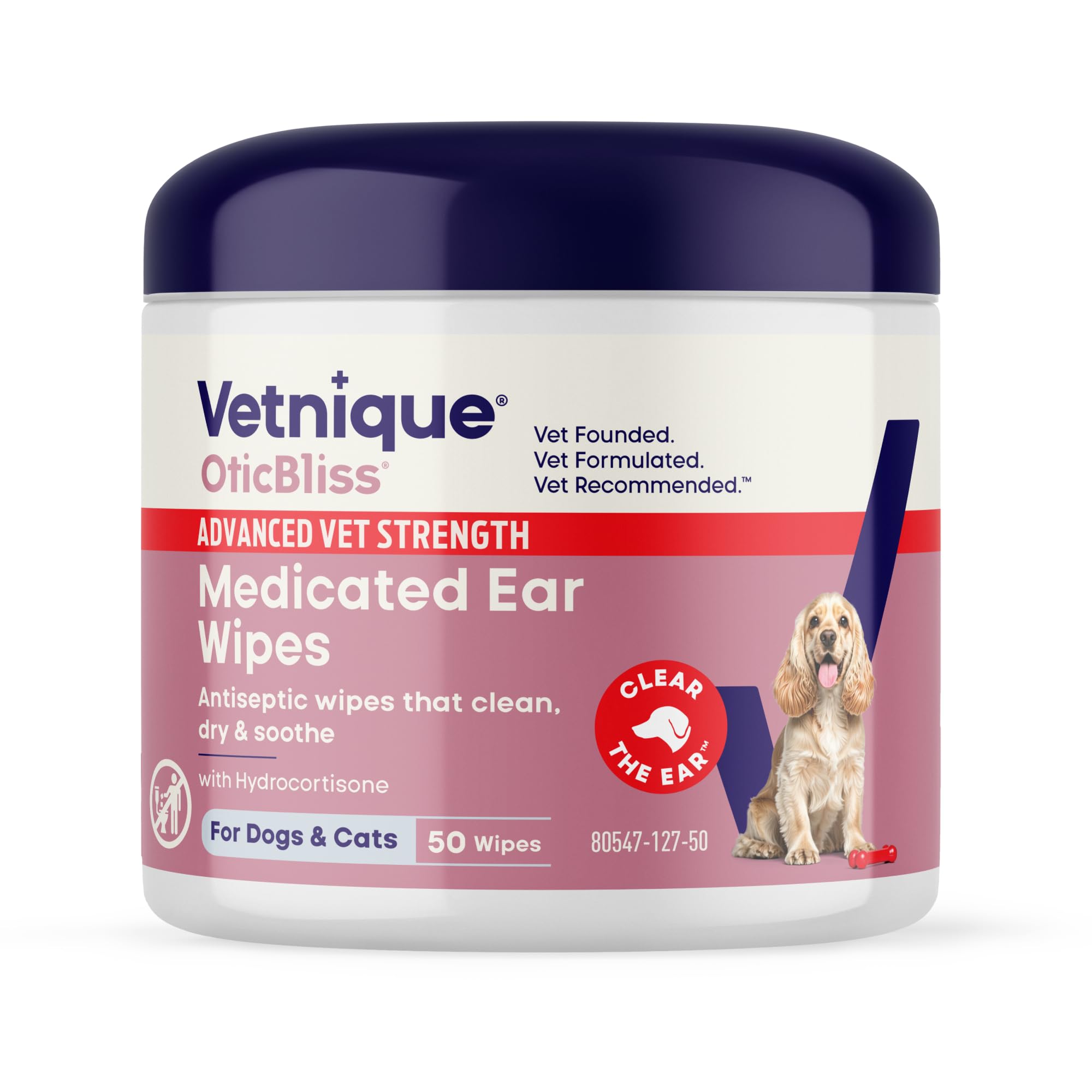 Vetnique Oticbliss ear wipes packaging shows vet-formulated ear care for pets.