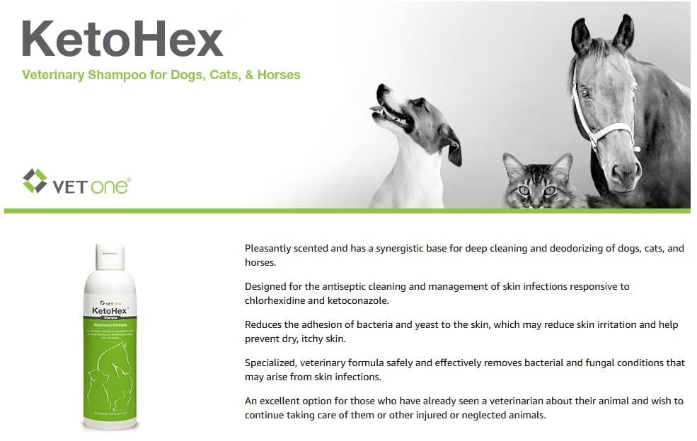 Vet One KetoHex bottle label highlights antifungal and antibacterial action.