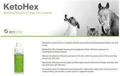 Vet One KetoHex bottle label highlights antifungal and antibacterial action.