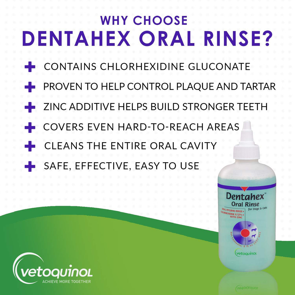 Vetoquinol Dentahex label closeup highlights zinc gluconate and a pet-safe formula.